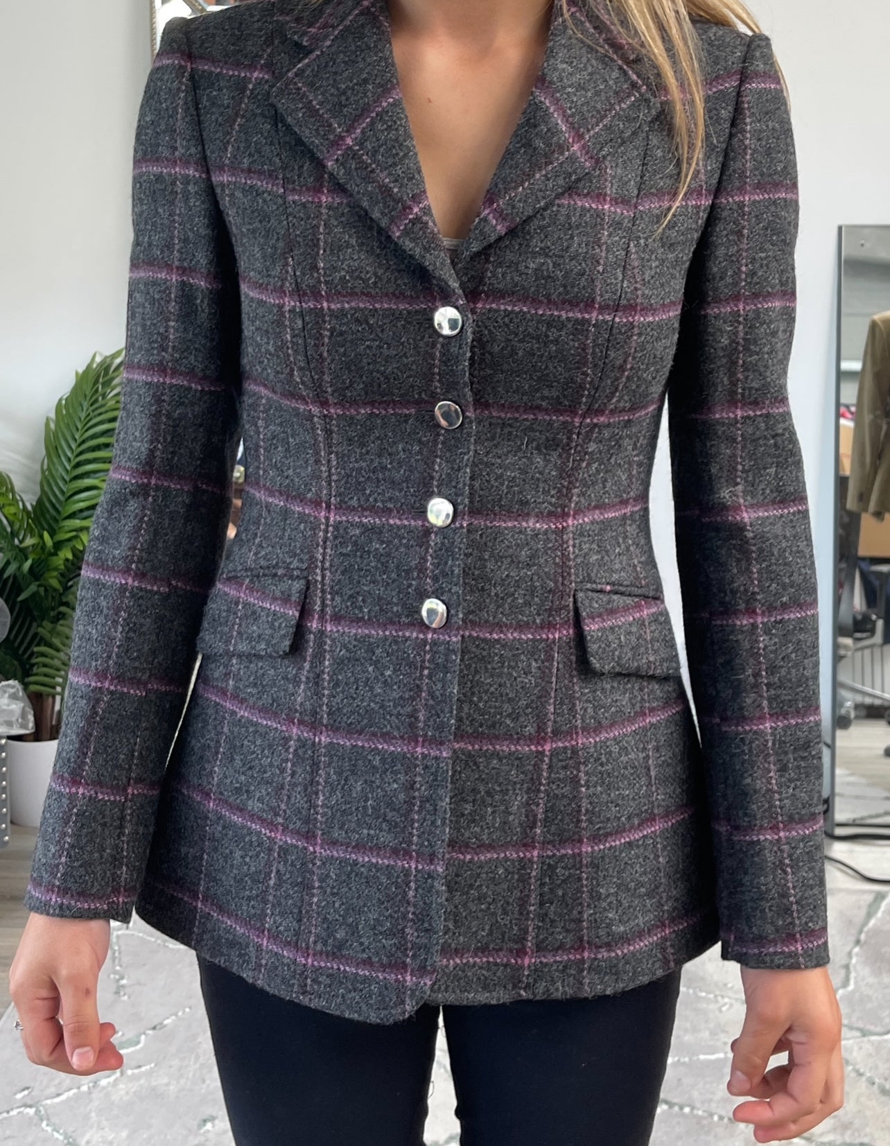 IN STOCK UNIQUE: Lightweight Grey tweed with purple/ Pink Overcheck
