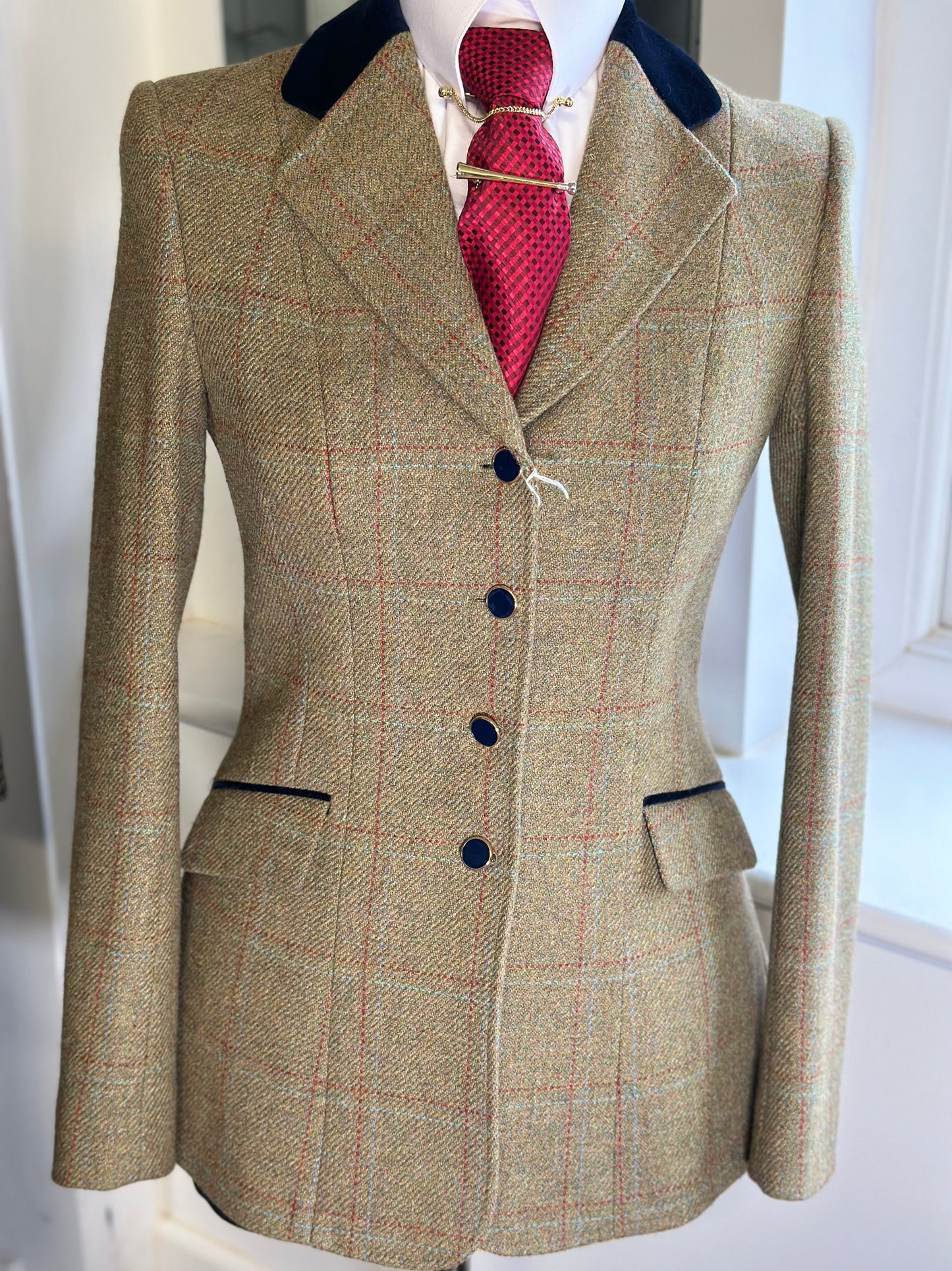 IN STOCK & M2M: Subtle Pale Sandy Green Tweed with red/ blue fine overcheck