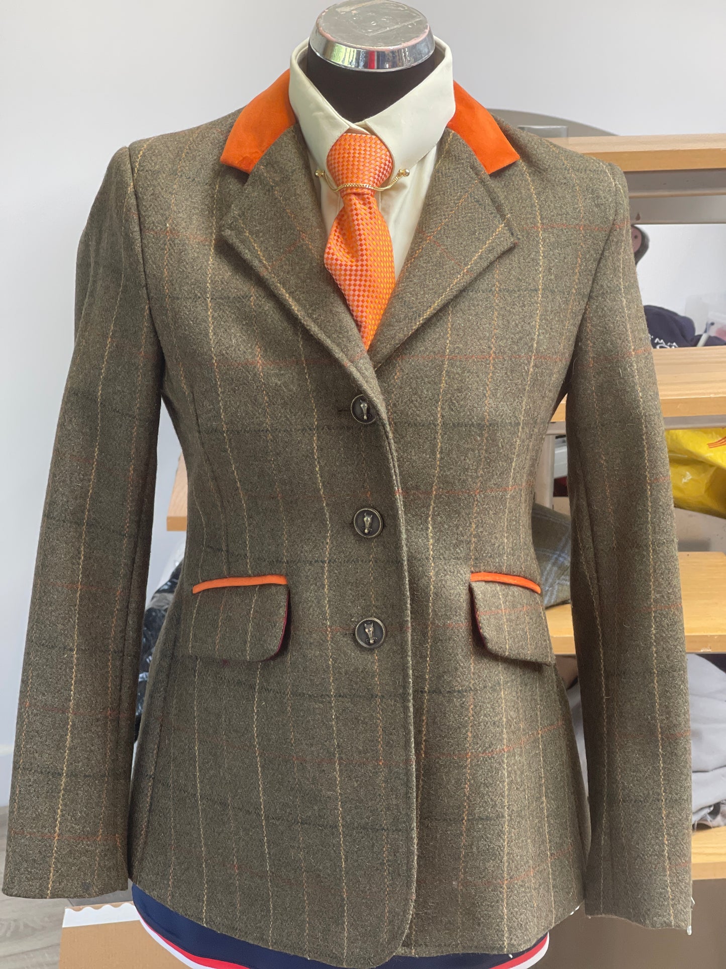 SALE: IN STOCK UNIQUE: Dark Green With Orange Velvet Collar (size 6-8)