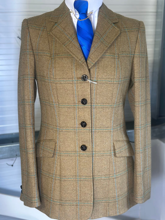 IN STOCK UNIQUE: Lightweight Oatmeal with subtle Turquoise overcheck - 38"