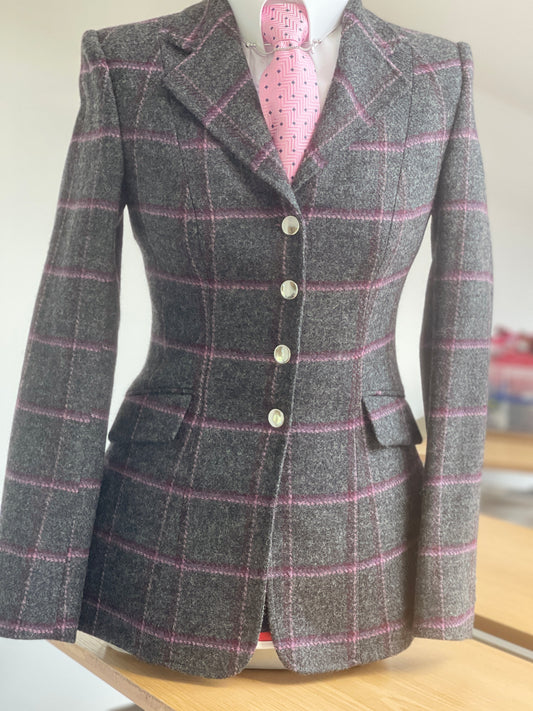 IN STOCK UNIQUE:  Lightweight Grey tweed with purple/ Pink Overcheck